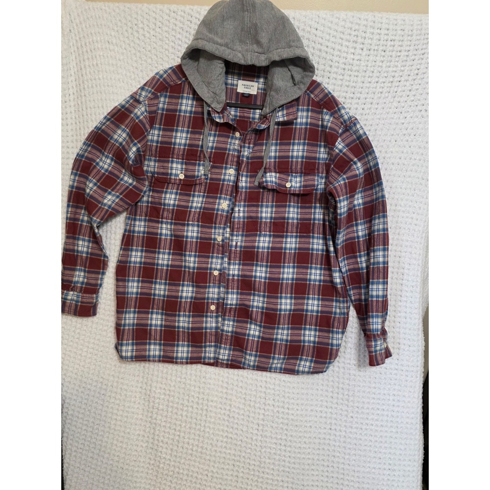American Eagle Plaid Flannel Hoodie Shirt Red Blue White Mens L Super‎ Soft